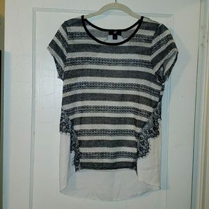 Marled Black & White Hortizontal Stripe Crewneck Short Seeve Top Chiffon
